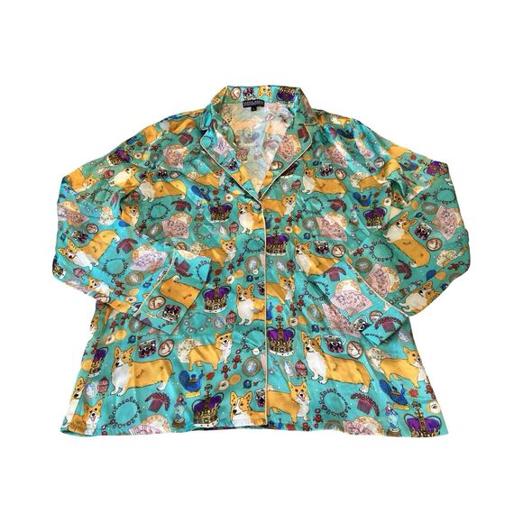 Karen Mabon Oh So Royal Turquoise Luxury Silk Pajama Set Corgi Queen Jewels L - Picture 2 of 5